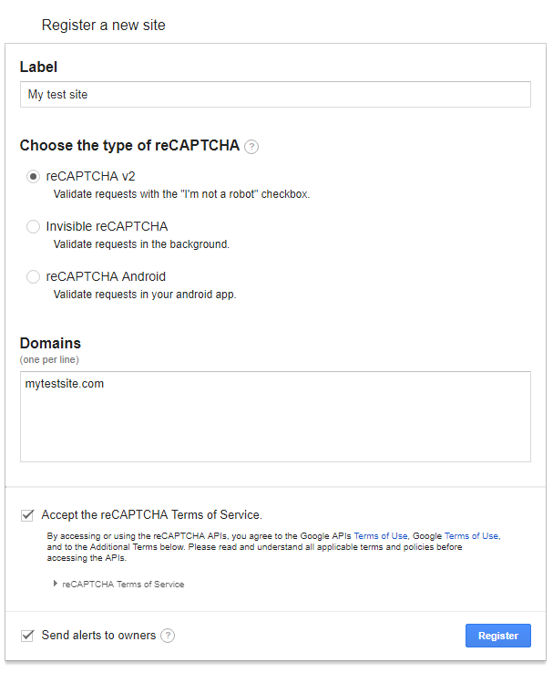 Create new site at reCapthc Google